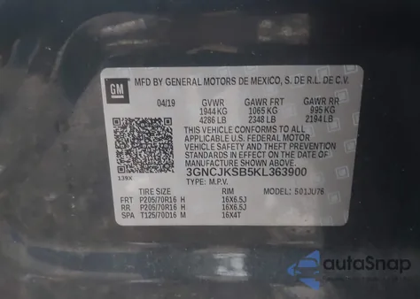 2019 Chevrolet Trax Ls из США, поврежденный, VIN 3GNCJKSB5KL363900